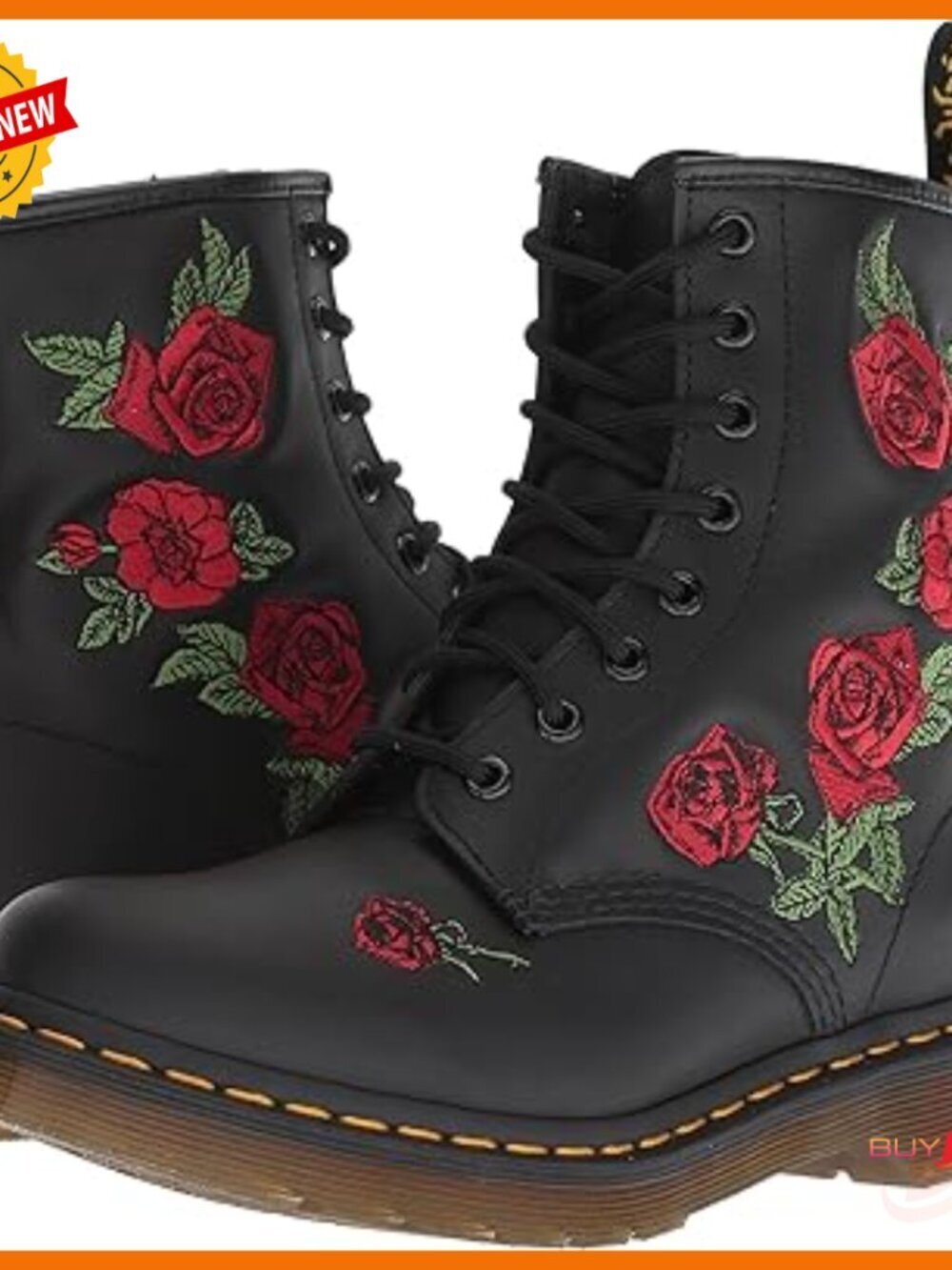 Leather Combat Boots with Embroidered Roses, Lace-Up Ankle Boots